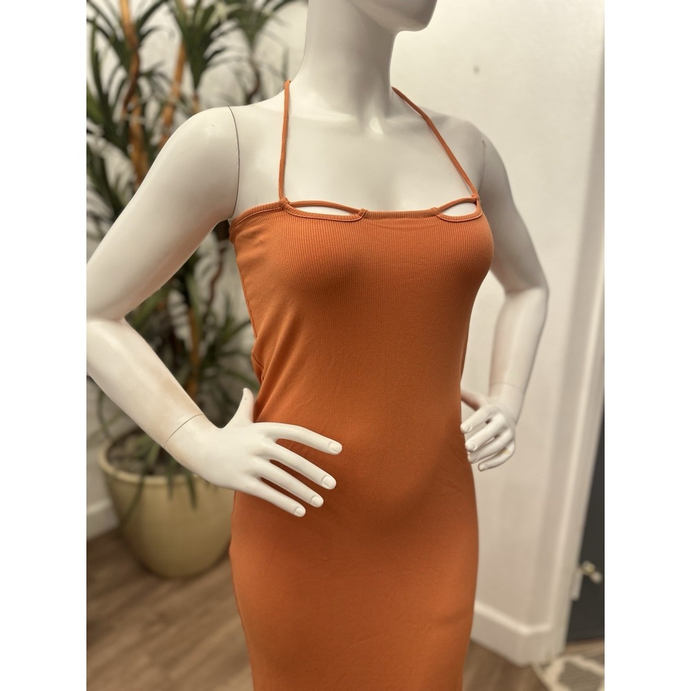 Princess Polly Ribbed Knit Halter Dress Sz 6/8 Orange Stretch Backless Low Cut - Picture 2 of 7